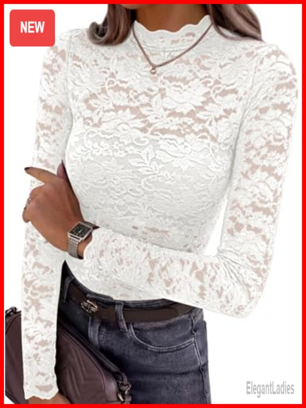Womens Lace Mesh Blouse Scalloped Mock Neck Slim Fit Long Sleeve Top